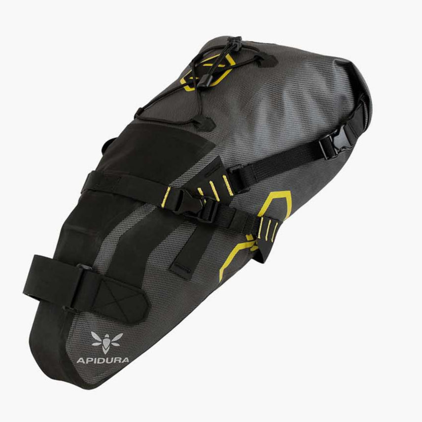 Black and gray saddle bag with yellow accents on a white background