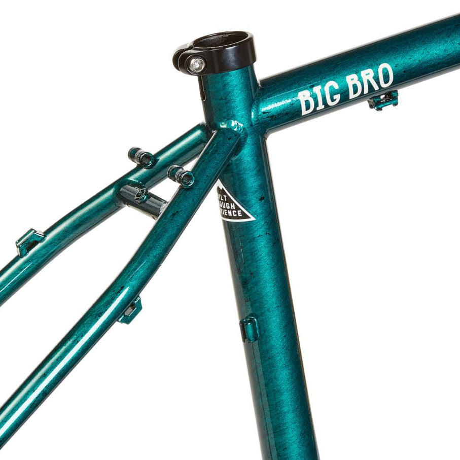 Teal bicycle frame with 'BIG BRO' branding on a white background