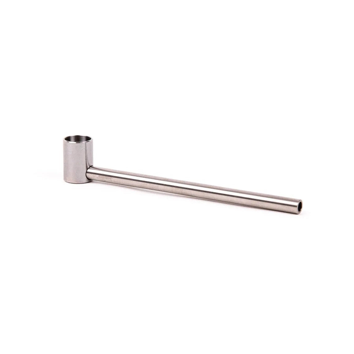 A long, slender silver titanium pipe with a tapered bowl and a threaded stem, designed for smoking.