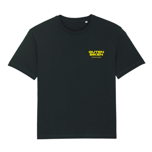 A black crew neck T-shirt with a minimalist front print logo in yellow.