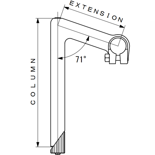 Technical drawing of stem with extension labeled, showing measurements and angles.