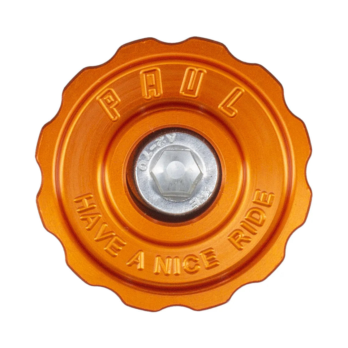 Orange valve cap with 'PAUL' and 'HAVE A NICE RIDE' text on a white background
