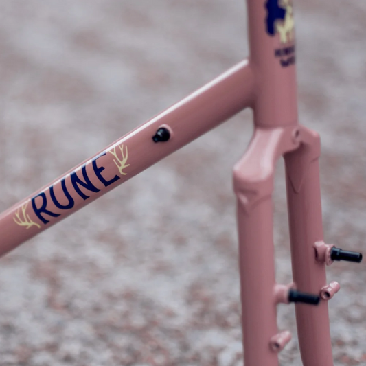 Pink bicycle frame with 'RUINE' branding on a blurred background