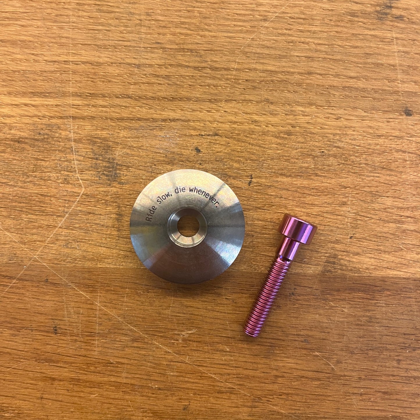 Stridsland - Titanium Top Cap - "Ride Slow, Die Whenever"