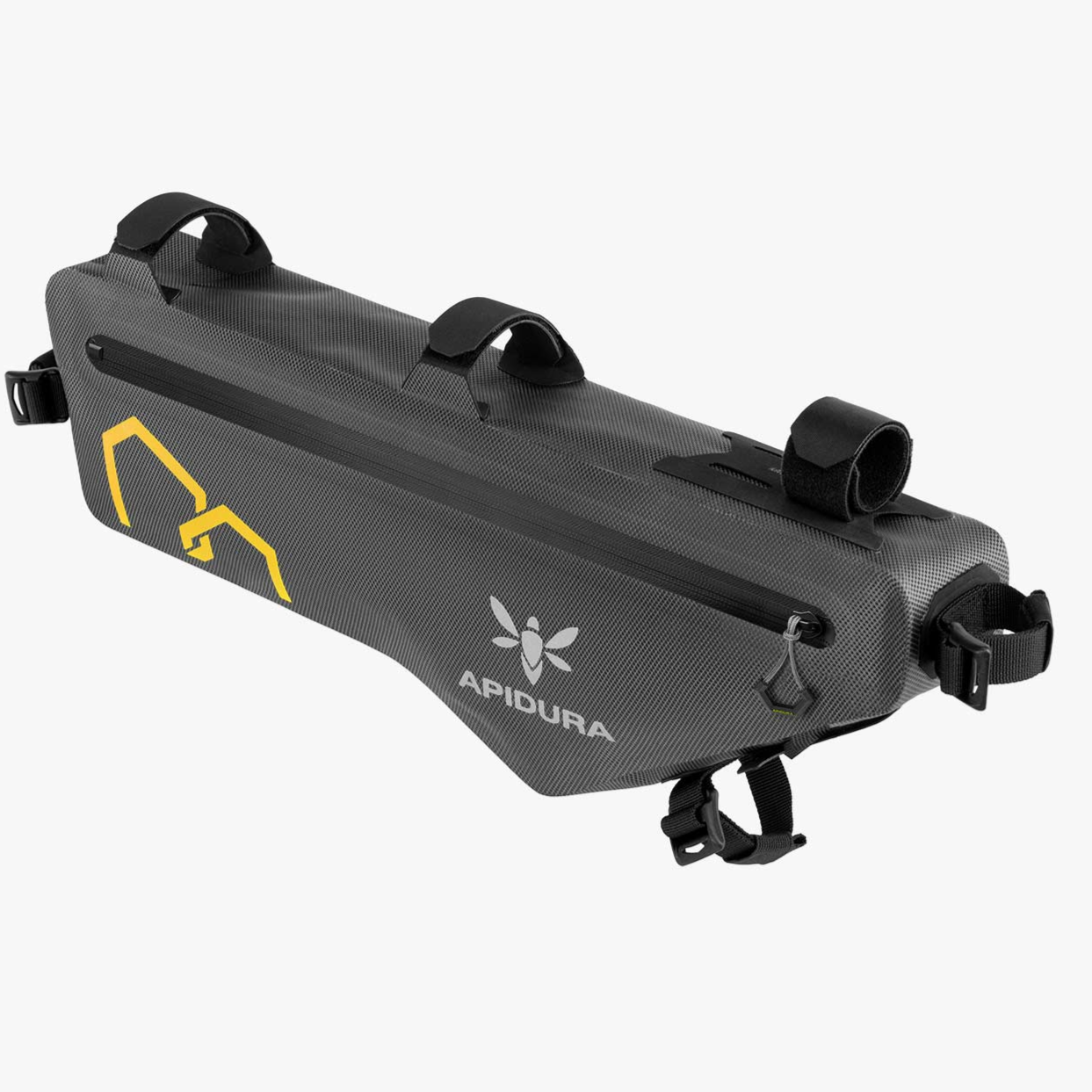 Black bike frame bag with Apidura logo on a white background