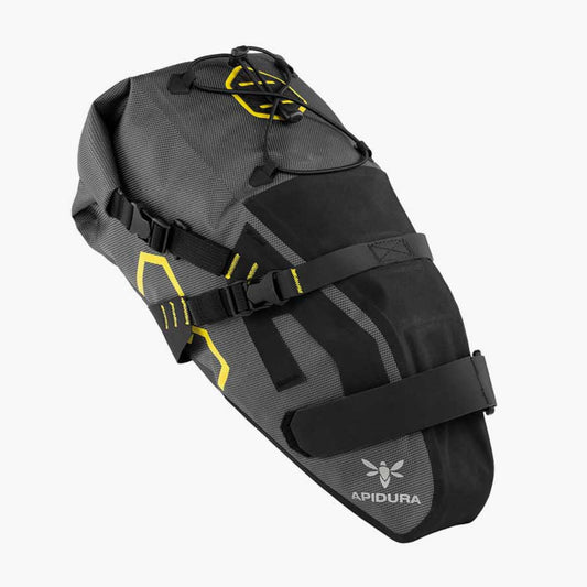 Black and gray saddle bag with yellow accents on a white background