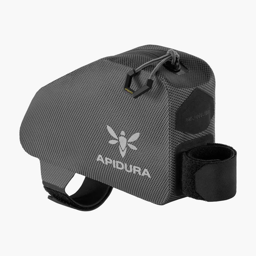 Gray bike saddle bag with Apidura logo on a white background