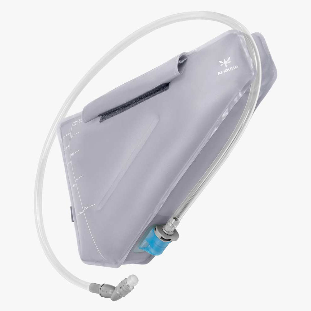 Gray hydration bladder with white hose on a white background